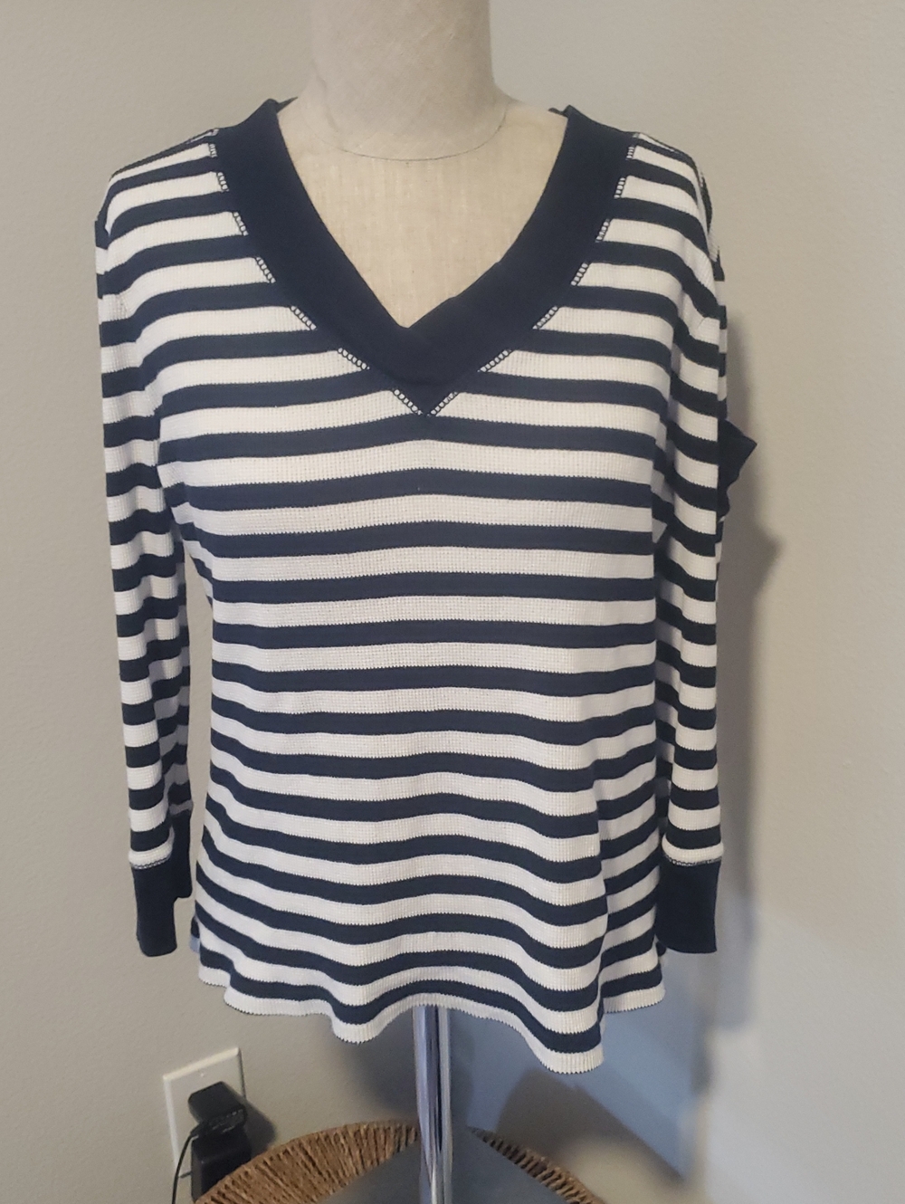 Chaps Navy and White Striped V-Neck Sweater